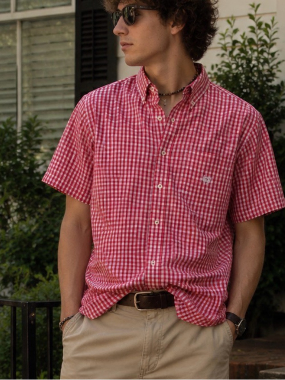 Vintage Chaps Ralph Lauren Red White Gingham Short Sleeve Button Shirt preppy L